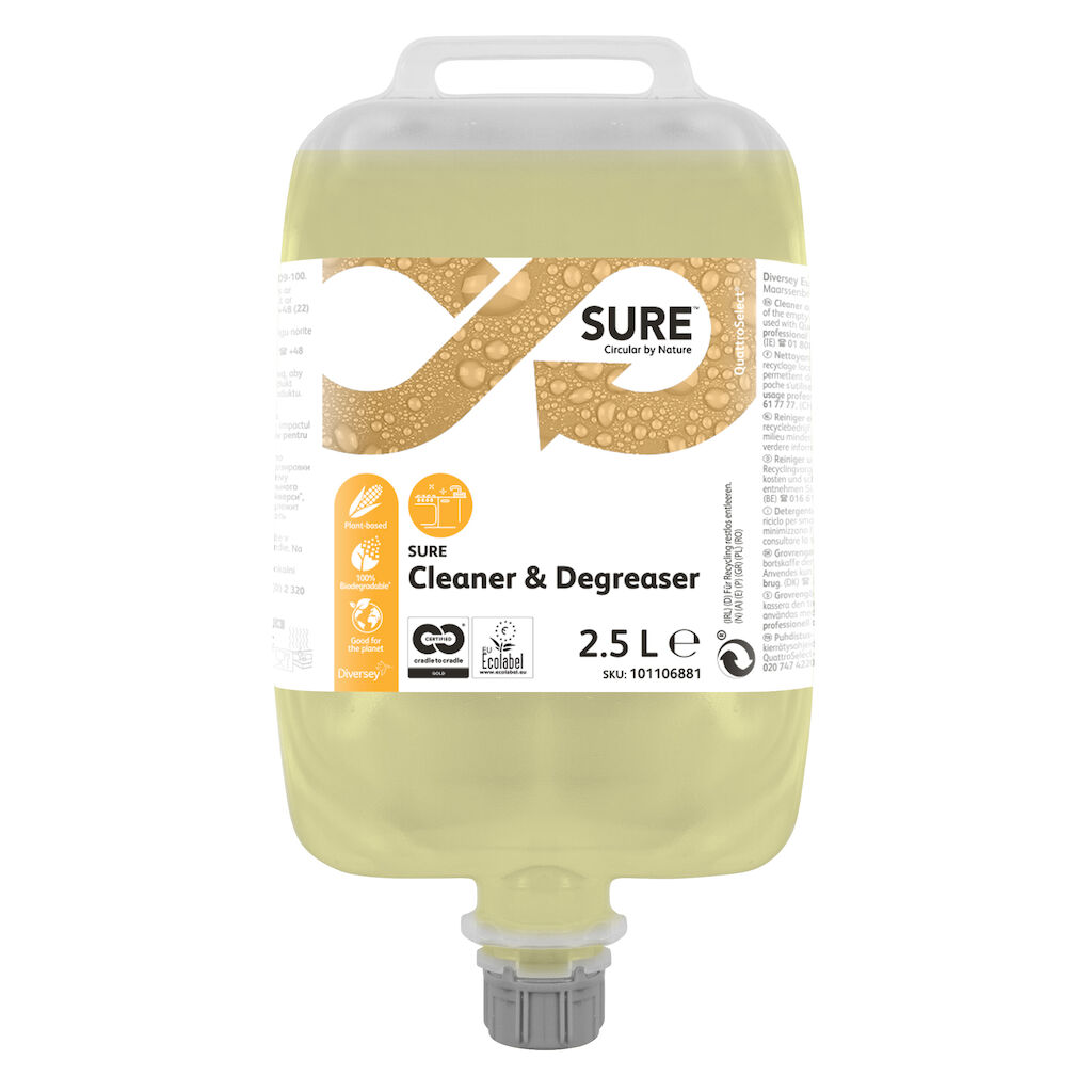 SURE Cleaner & Degreaser QS 2x2.5L - Grovrengøringsmiddel specialudviklet til QuattroSelect® doseringssystem. Cradle to Cradle Certified®